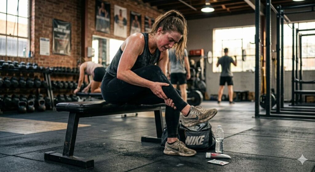 Beginner experiencing muscle soreness after first workout in gym