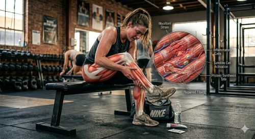 Scientific illustration of delayed onset muscle soreness in muscle fibers