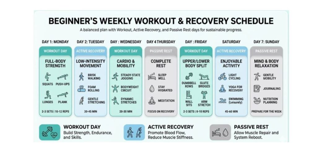 Weekly beginner workout and recovery schedule infographic
