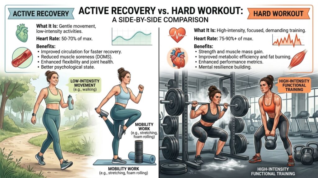 Active recovery versus hard workout comparison for sore muscles.