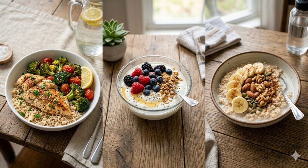 Examples of simple beginner-friendly post-workout meals for muscle recovery.