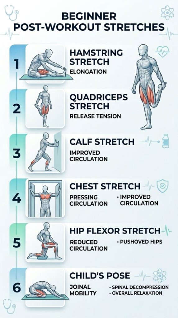 Step-by-step beginner post-workout stretching routine targeting major muscle groups.