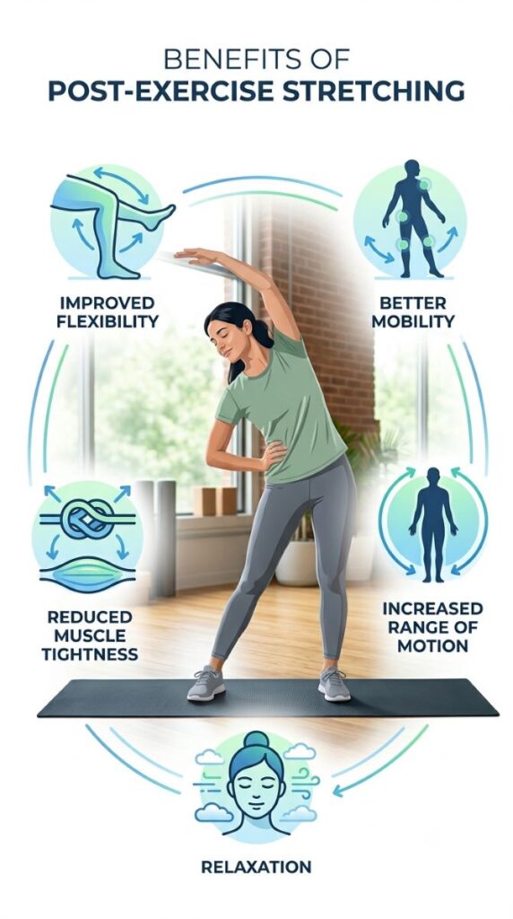 An infographic showing the main benefits of stretching after exercise, including flexibility, mobility, relaxation, and reduced muscle tightness.