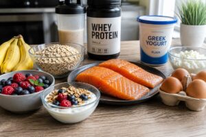 Healthy muscle recovery foods including eggs, salmon, Greek yogurt, berries, oats, and bananas