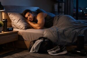 Gym beginner sleeping peacefully after a workout to improve recovery.