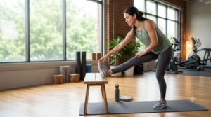 Does Stretching Reduce Muscle Soreness? Beginner performing a standing hamstring stretch after a workout.