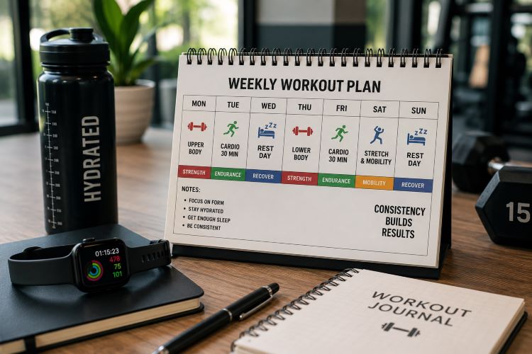 Fitness calendar showing workout days and recovery days for beginners.