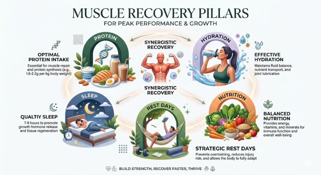 Muscle recovery pillars including protein, sleep, hydration, nutrition, and rest days