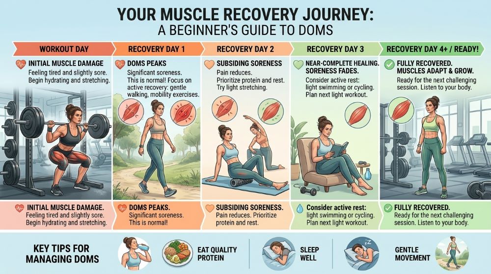 Muscle soreness recovery timeline after exercise.