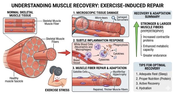 Microscopic muscle repair process after exercise causing delayed-onset muscle soreness