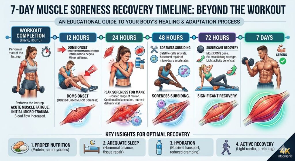 Muscle soreness recovery timeline showing DOMS progression after a workout