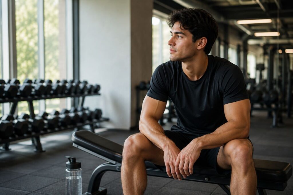 Gym beginner recovering from post-workout fatigue through rest