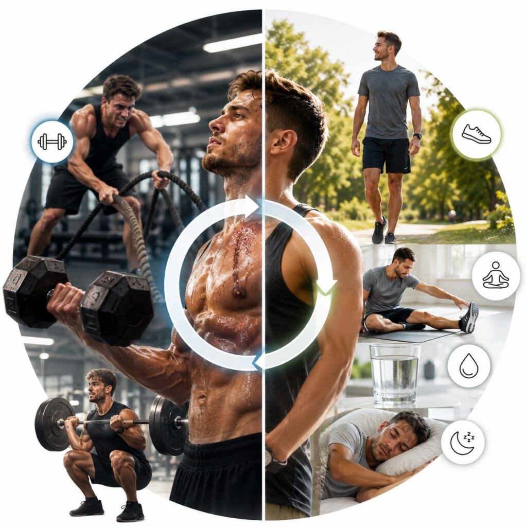 Comparison between a training day and a recovery day for fitness beginners.