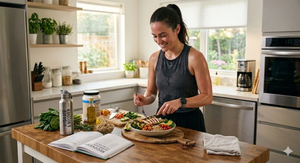 Beginner preparing a healthy recovery meal after exercise to support muscle recovery and energy levels.