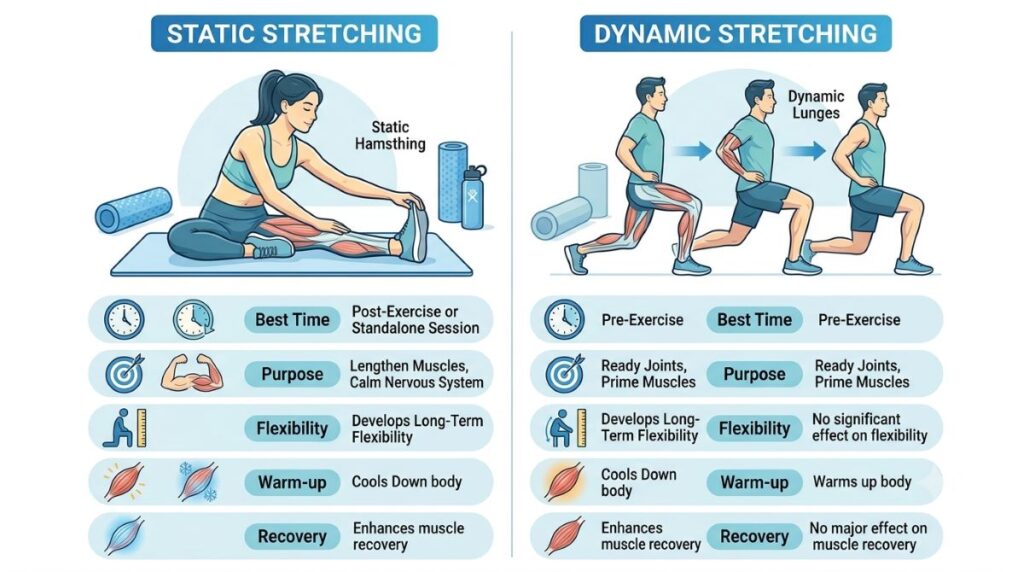 Comparison infographic explaining the differences between static stretching and dynamic stretching.