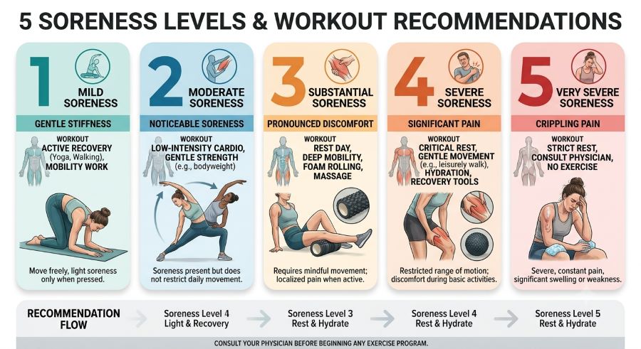 Workout recommendations based on different levels of muscle soreness.