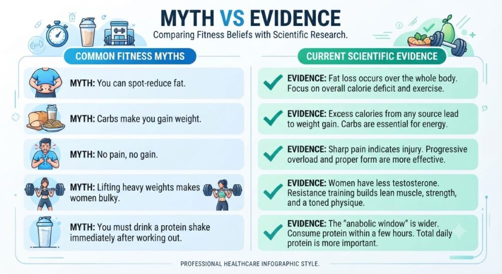 Myth versus evidence comparison explaining the anabolic window and the 30-minute rule.
