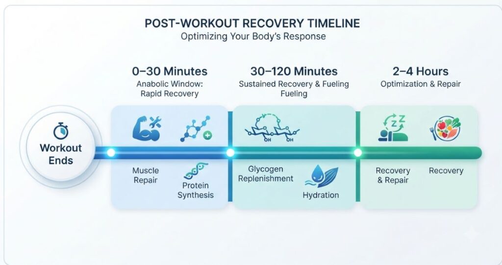 Timeline showing how the anabolic window extends beyond the first 30 minutes after exercise.