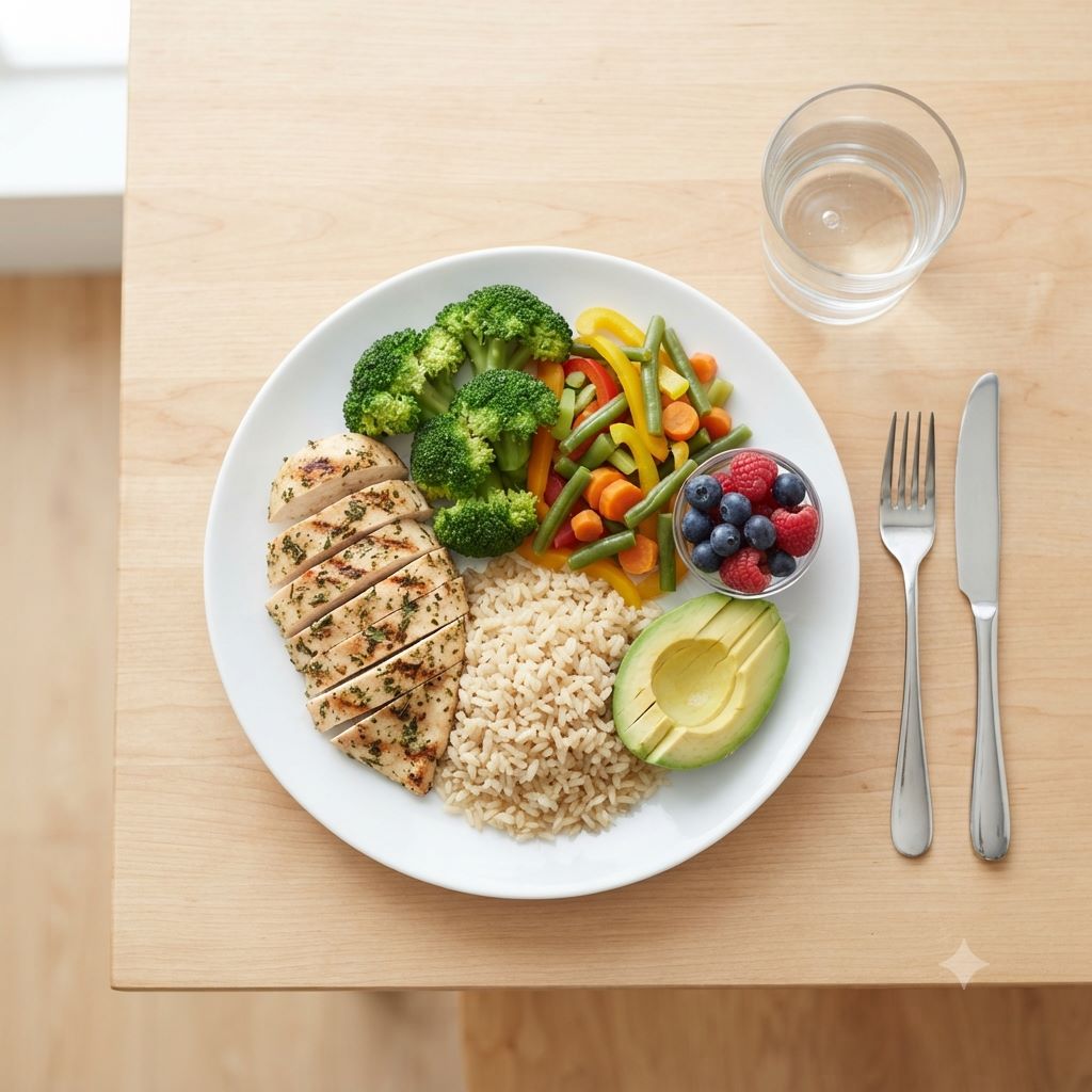 Balanced whole-food meal providing protein, carbohydrates, healthy fats, and vegetables for post-workout recovery.
