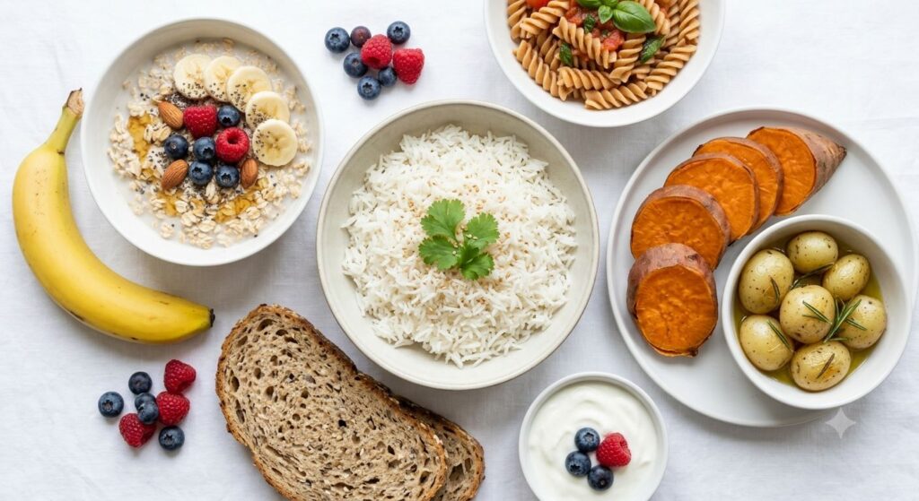 Healthy whole-food carbohydrate sources commonly eaten after exercise.