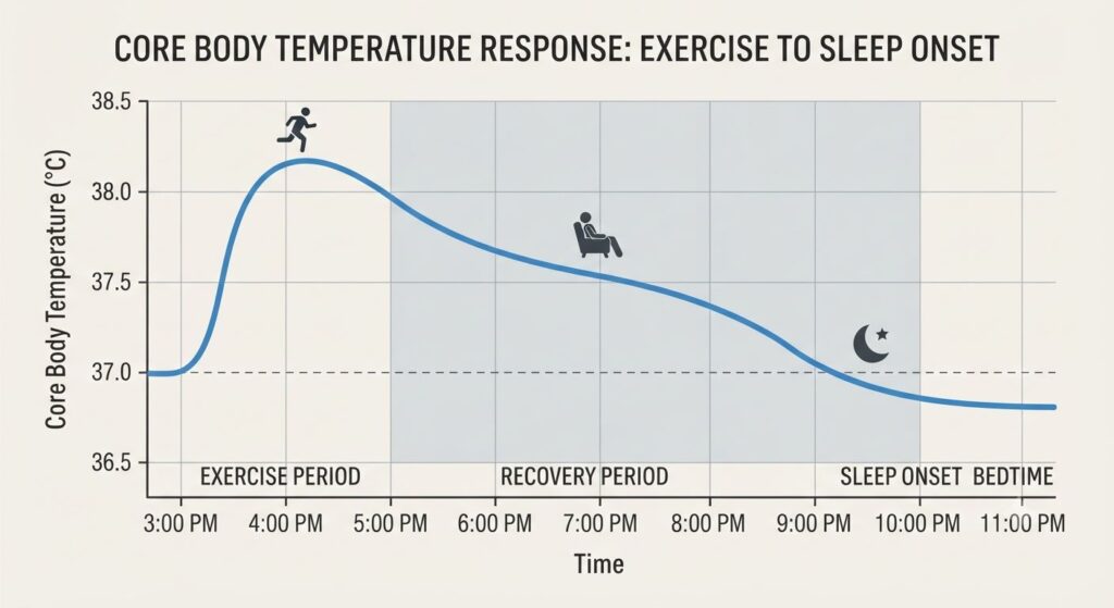 Line graph illustrates how core body temperature gradually decreases after exercise before sleep.