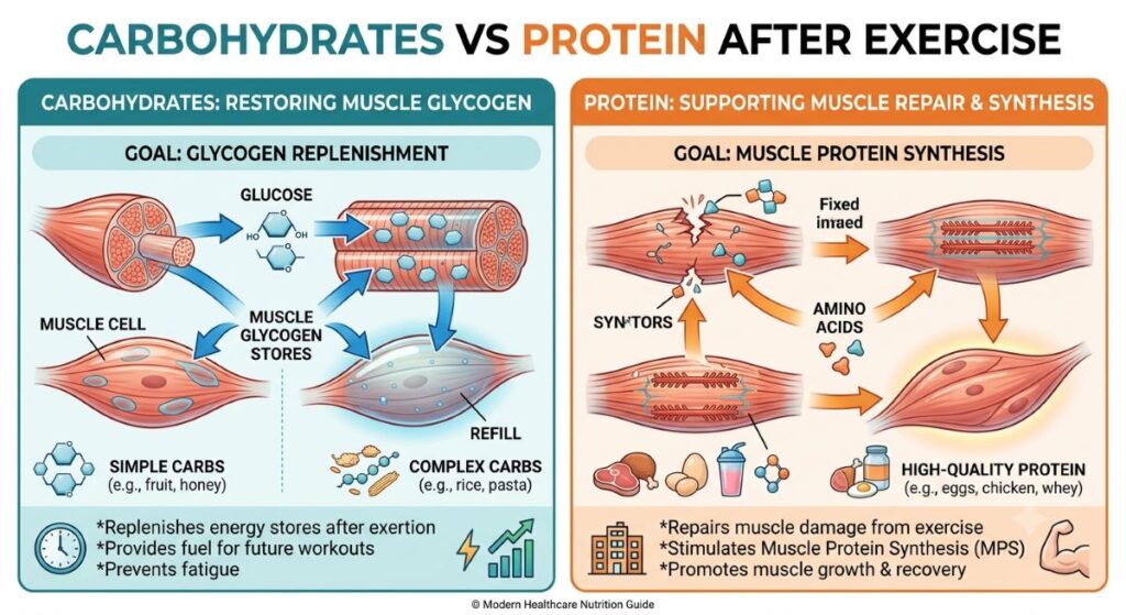 Infographic explaining the different recovery roles of carbohydrates and protein after exercise.