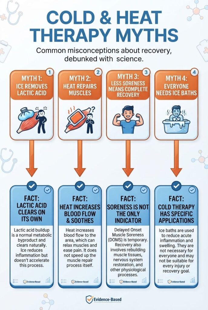 Infographic correcting common myths about cold and heat therapy.