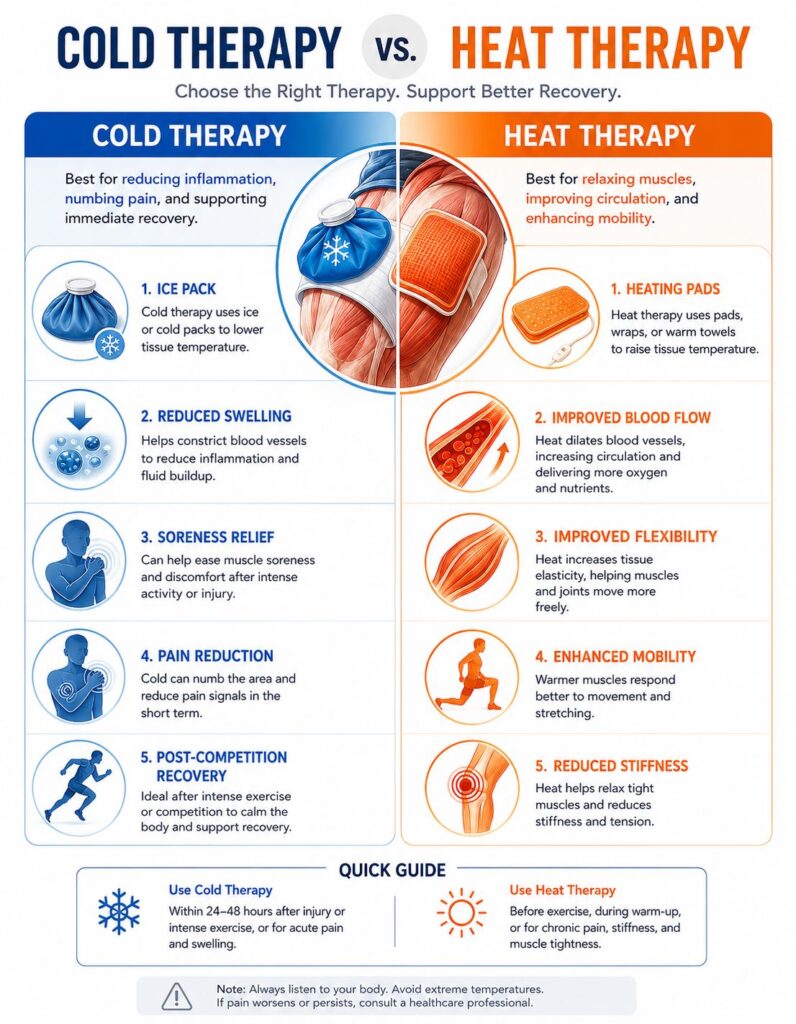 Comparison infographic of cold therapy versus heat therapy for muscle recovery