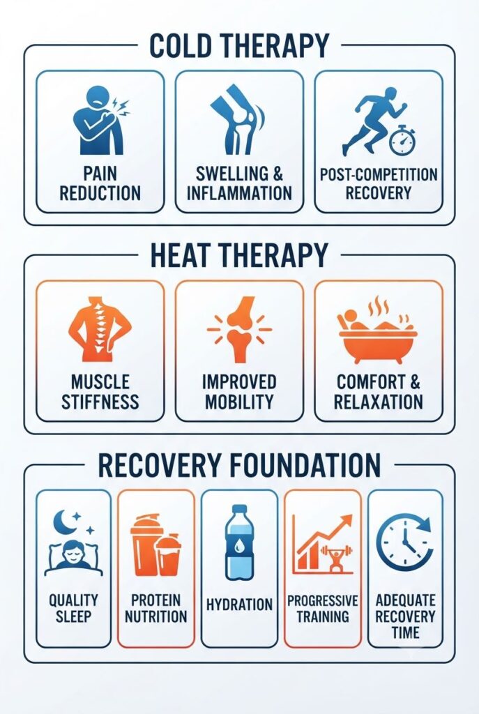 Summary infographic explaining when to use cold or heat therapy.
