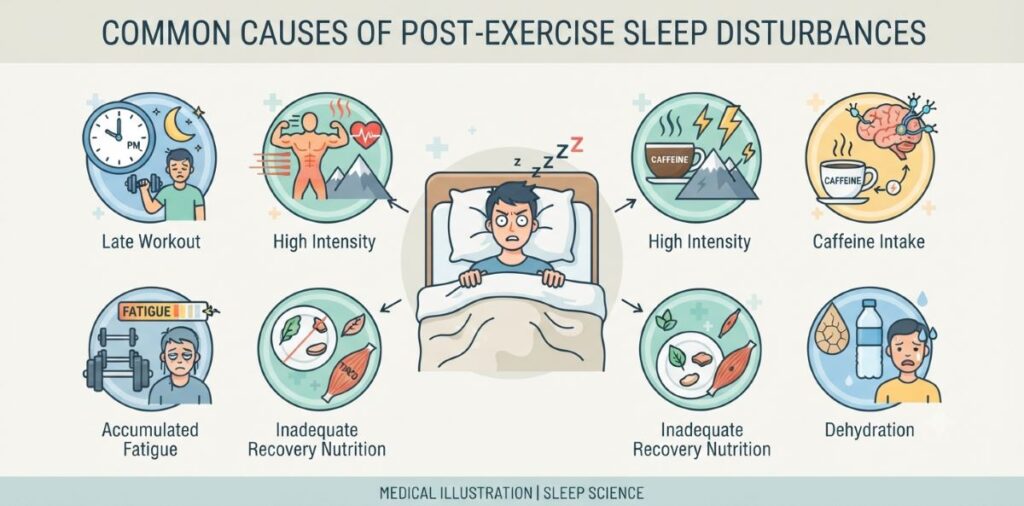 Infographic showing common causes of post-workout sleep difficulties.