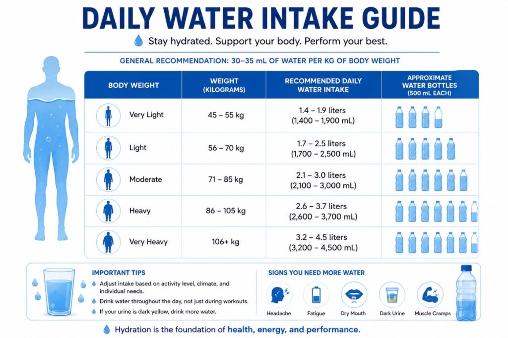 Daily water intake guide to support hydration and muscle recovery
