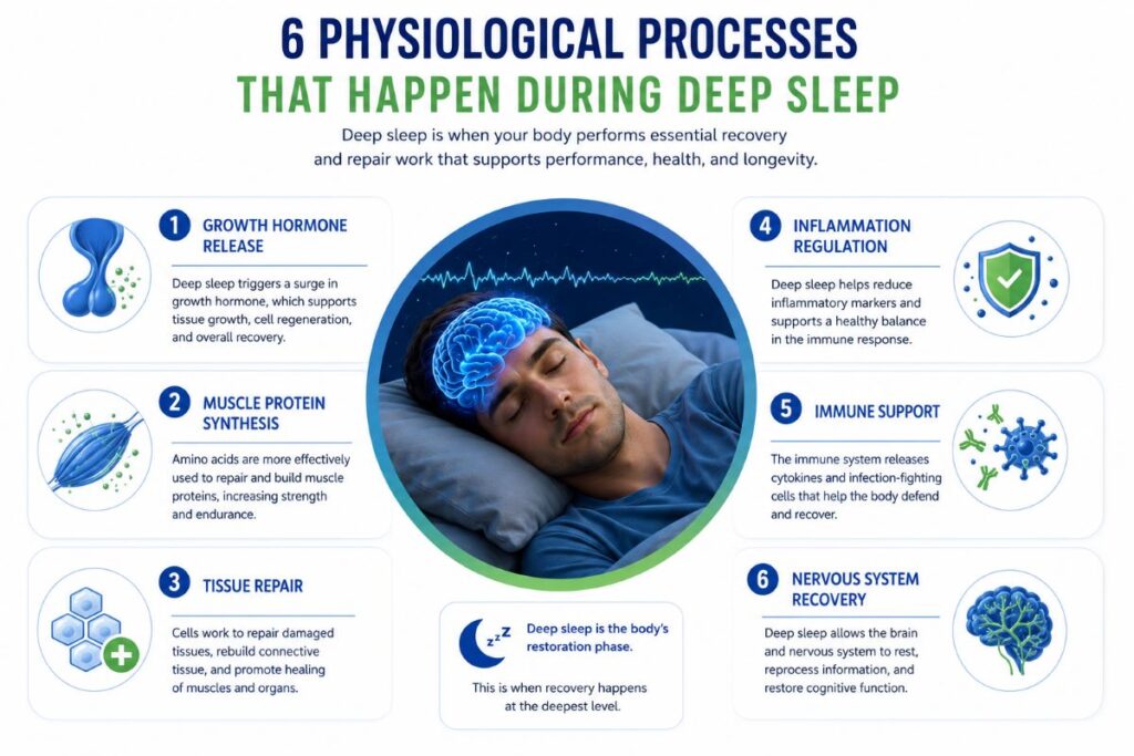 Deep sleep muscle recovery processes, including tissue repair and growth hormone release
