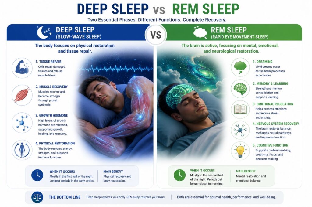 Comparison of deep sleep muscle recovery and REM sleep functions