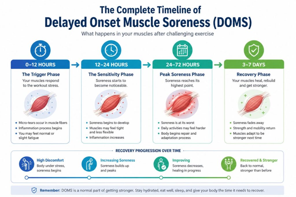 Timeline showing delayed onset muscle soreness recovery after leg workouts