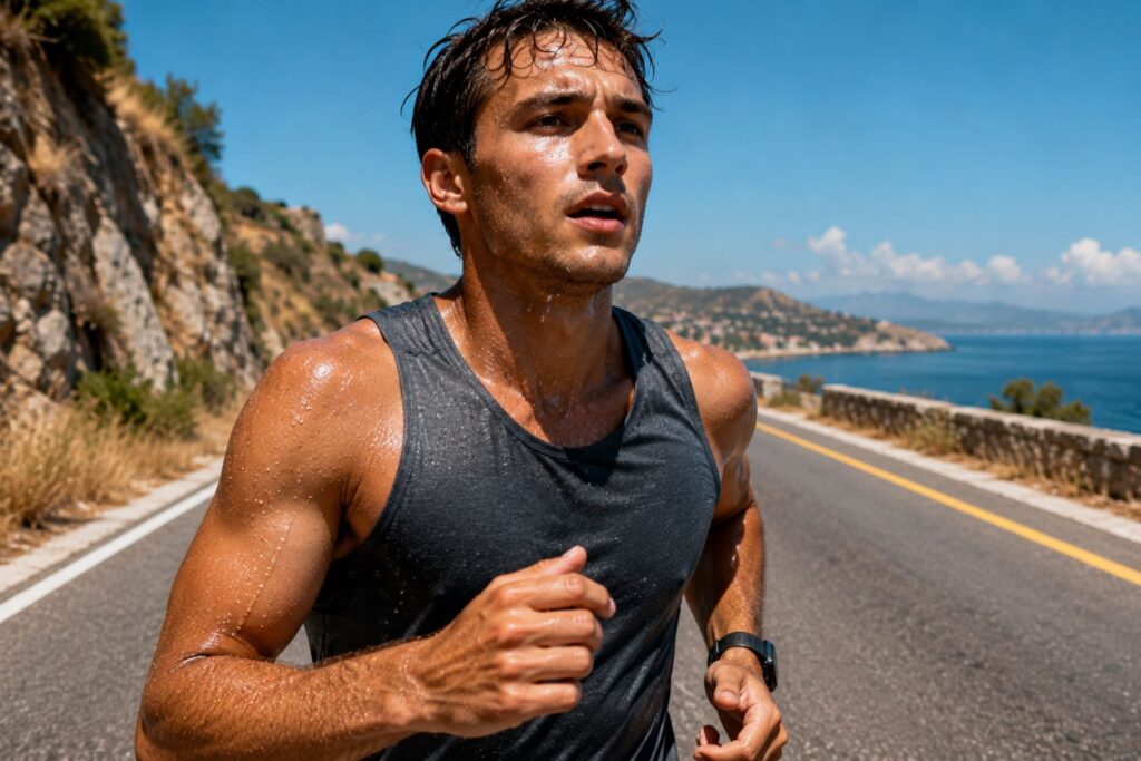 Athlete losing electrolytes through sweat during intense exercise