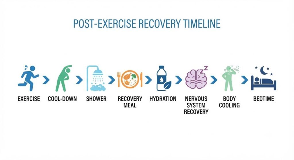 Timeline showing exercise, cool-down, recovery, and sleep preparation.