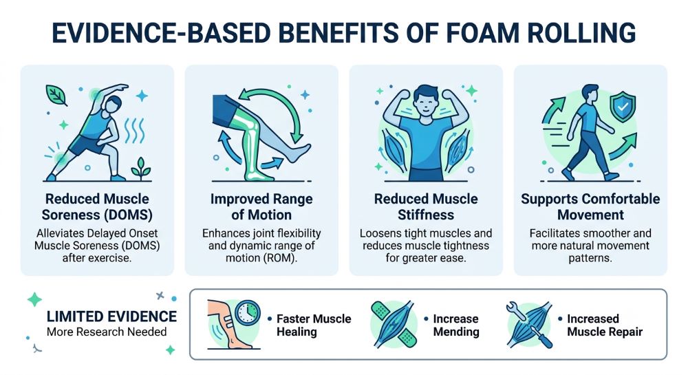 Infographic showing evidence-based benefits of foam rolling for muscle recovery.