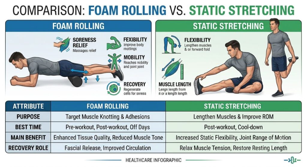 Comparison between foam rolling and static stretching for recovery.