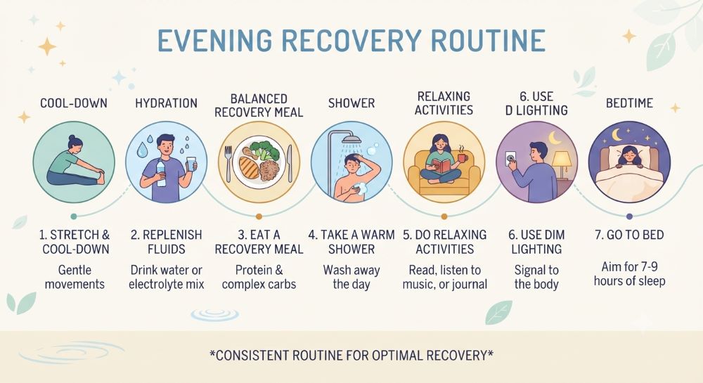 Illustration showing a healthy post-workout evening routine that supports better sleep.