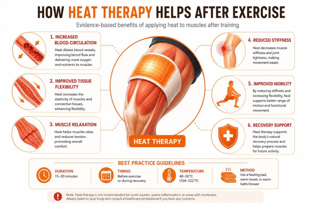 Infographic showing how heat therapy supports muscle recovery.