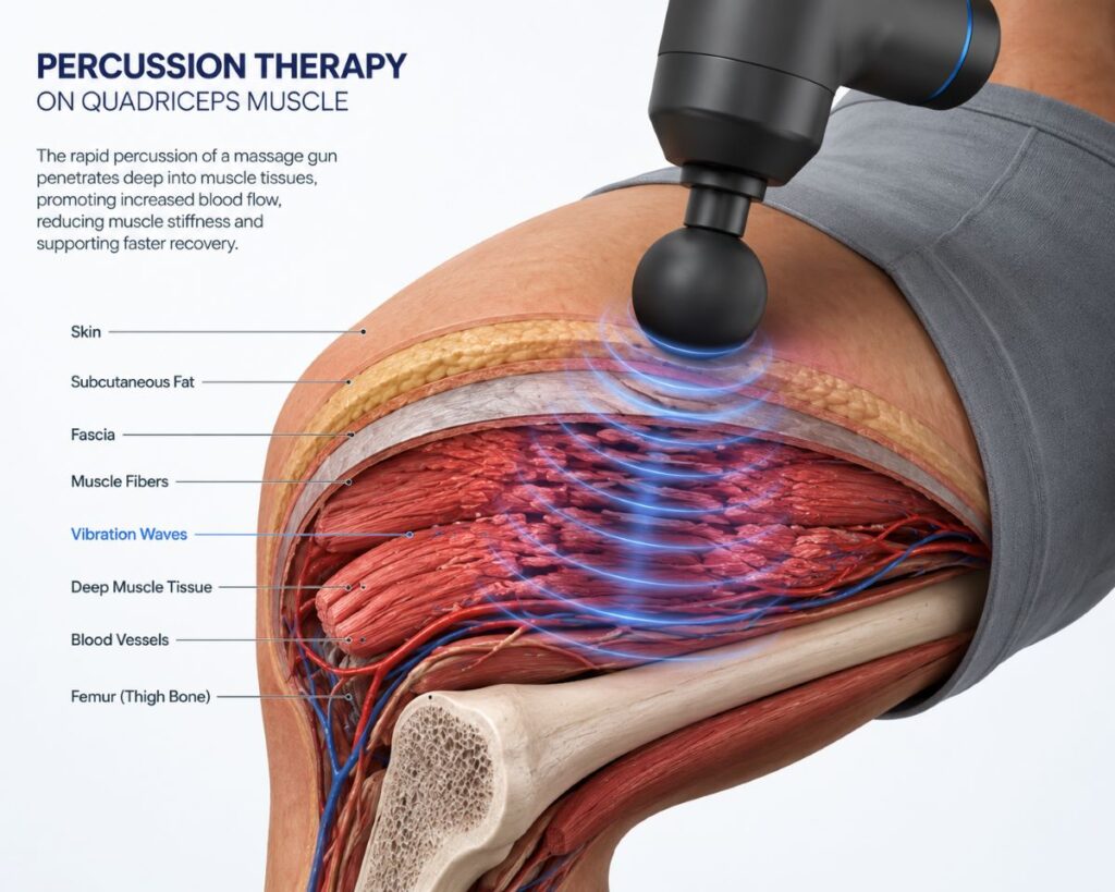 Illustration showing how percussion massage therapy works on muscle tissue