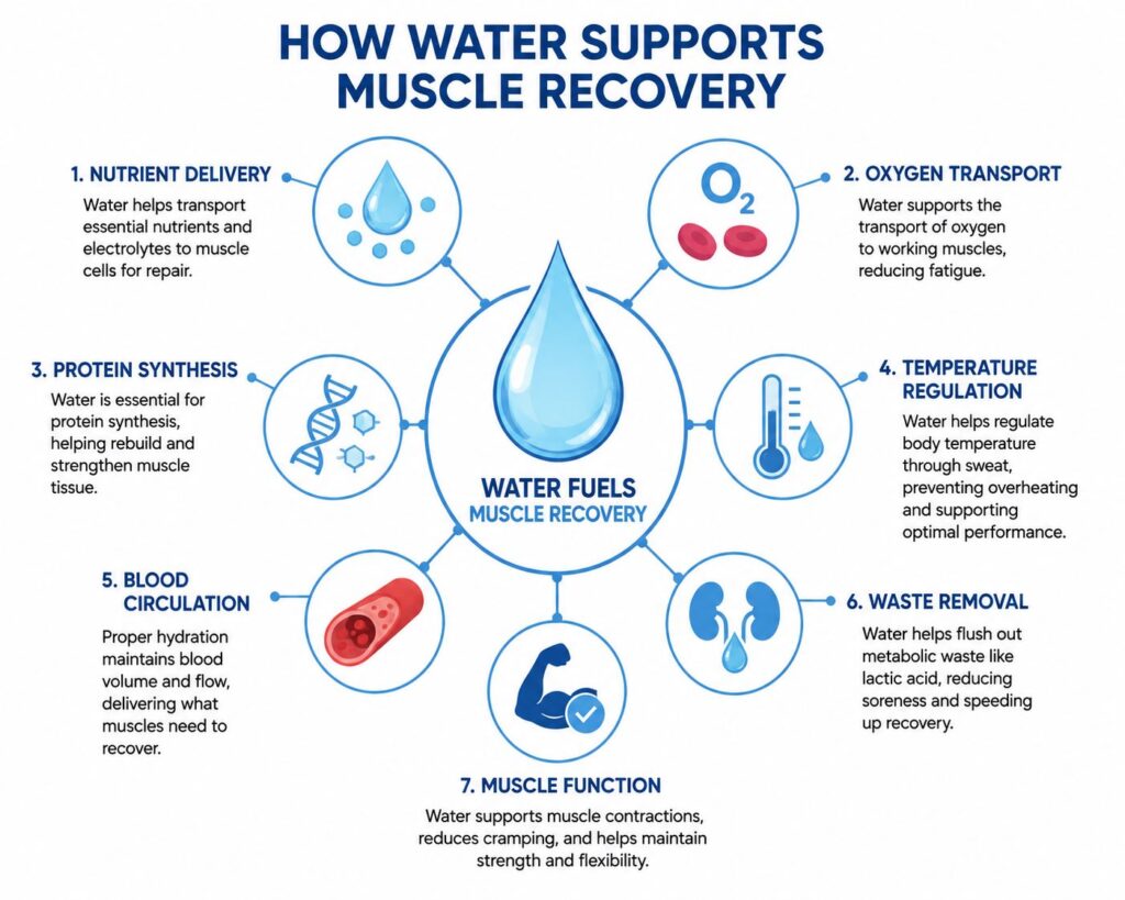 How water supports muscle recovery through hydration and nutrient delivery.