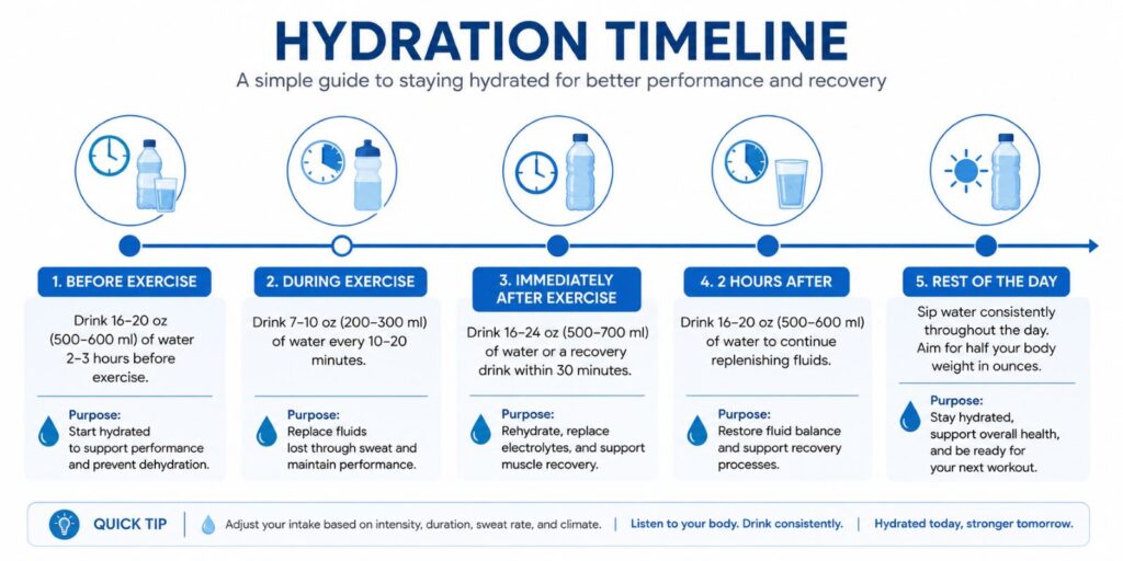 Hydration timeline showing when to drink water before, during, and after exercise.