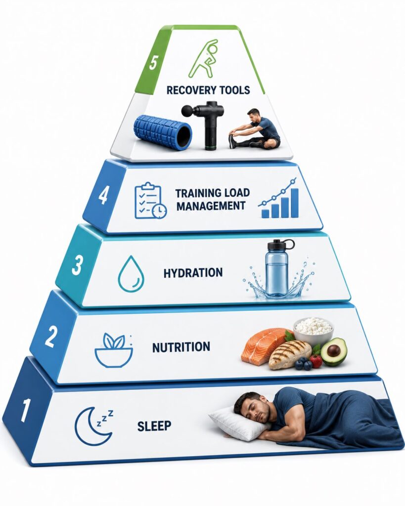 Recovery pyramid showing the foundations of muscle recovery after leg workouts