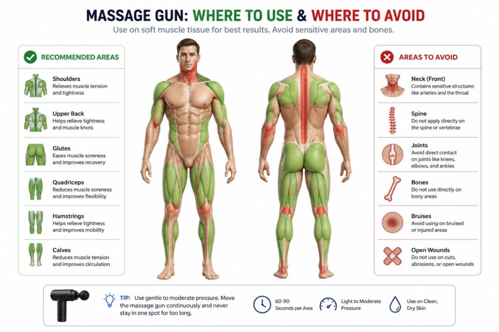 Safe areas to use a massage gun and body areas to avoid