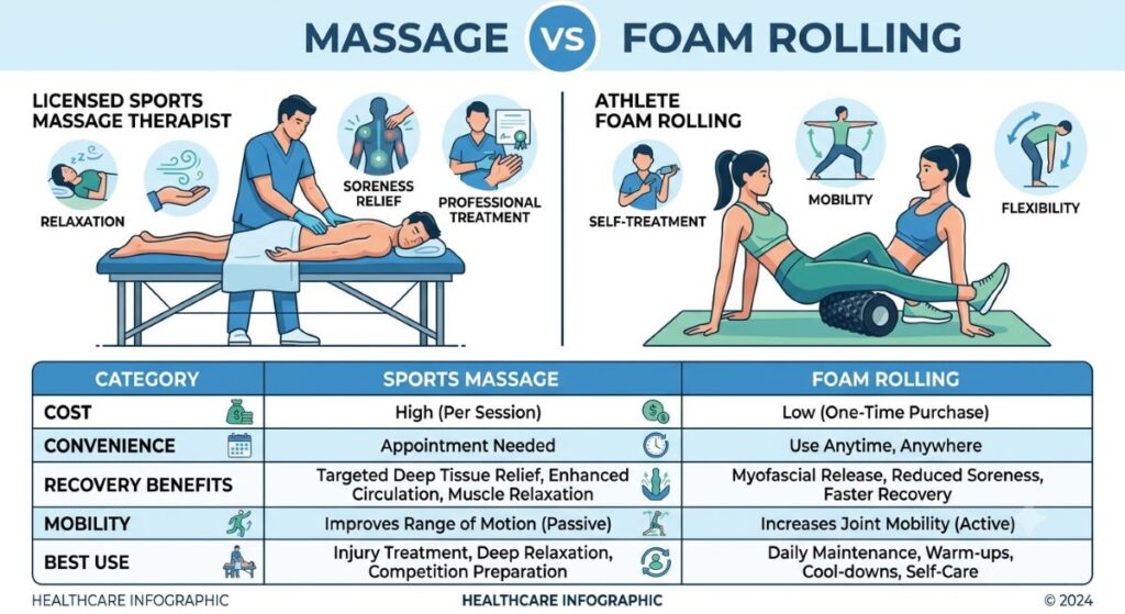 Comparison of massage and foam rolling for muscle recovery.