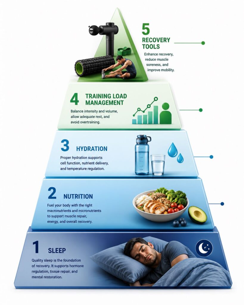Recovery hierarchy highlighting deep sleep muscle recovery as the foundation
