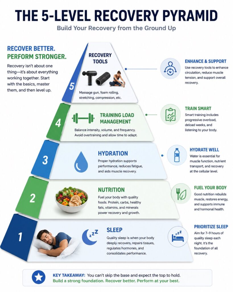 Muscle recovery pyramid showing massage guns as one part of recovery