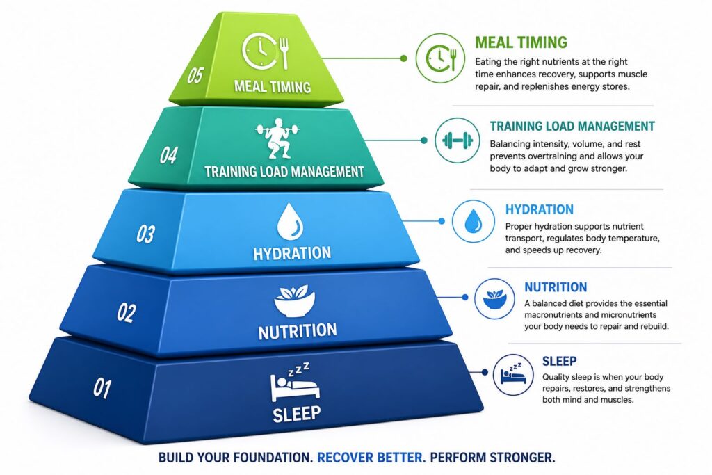 Recovery pyramid showing nutrition as part of overall muscle recovery