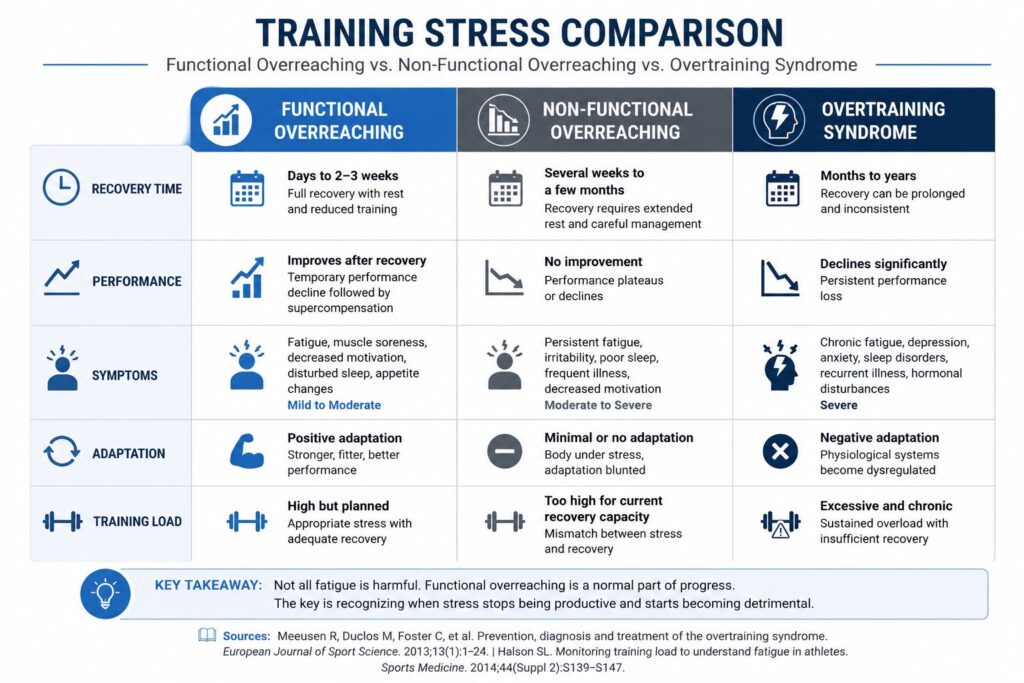 Comparison between overtraining and overreaching including recovery time, performance, and symptoms.